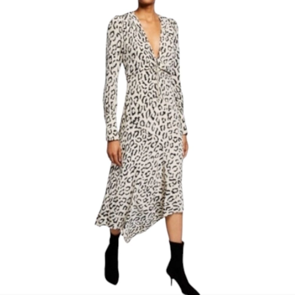 A.L.C. Eden Printed Tan Long-Sleeve Zip-Front Asymmetrical Silk Dress - Size 16